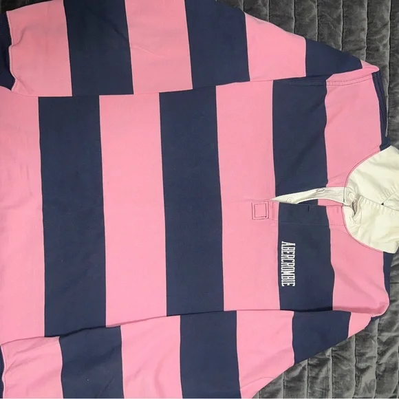 Vintage Abercrombie Pink and Navy Striped Rugby Shirt - Picture 1 of 3